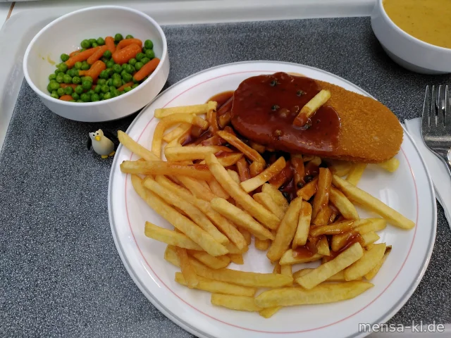 Veganes Schnitzel Wiener Art (Gl) mit Pfeffersoße (Gl), Pommes frites und Erbsen-Karotten-Gemüse (1,So)