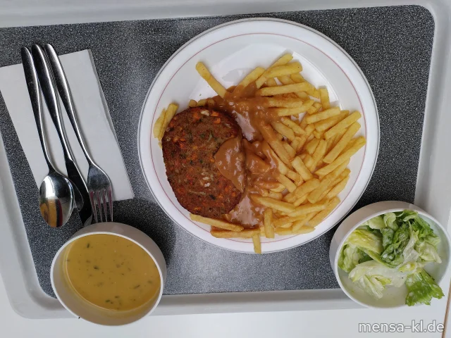Vollkorn-Pilz-Bratling (Gl,Ei,La,Sl,Se) mit Zwiebel-Sahnesoße (Gl,La), Pommes frites und Salat