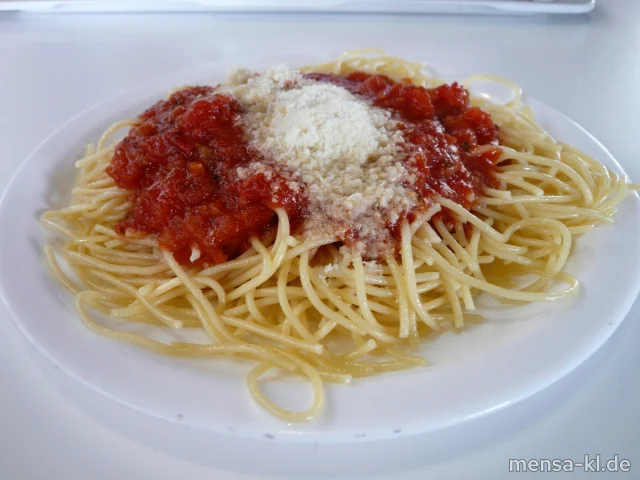 Große Portion Spaghetti (V) mit Tomatensugo (V), Grana Padano (2,V) und Salat (V)