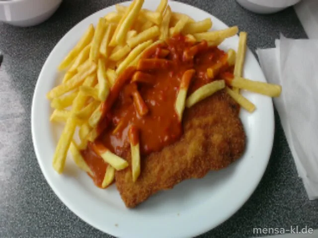 Paniertes Schweineschnitzel (Gl,S) mit Paprikasoße (2,9,La,Sf), Pommes frites und Salat