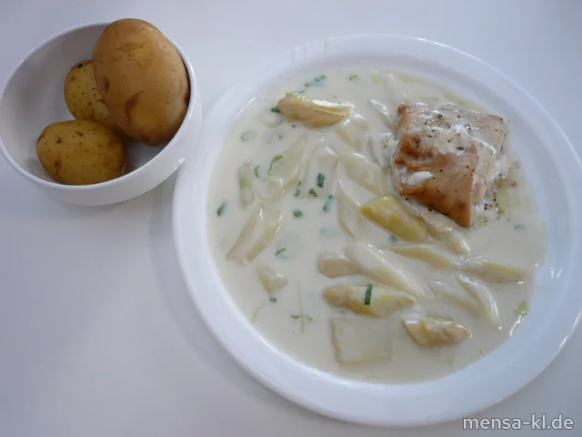 Lachsfilet (Fi) mit Spargelragout (Ei,La,Sl) und neue Kartoffeln