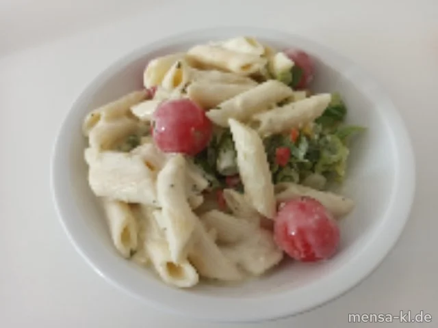 Penne Rigate Salat mit Kirschtomaten, Spargel, Frühlingszwiebeln, Cashew und Rucola (Gl,Nu), dazu Kräuter-Dressing (1,5,Gl,Nu,Sw,Sf,So)