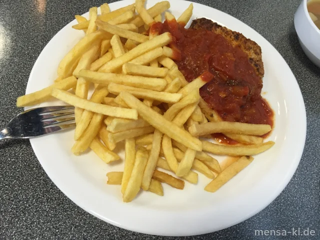 Schweinerückensteak "Provencial" (Sf,S), Pommes frites und grüne Bohnen (Gl,La)