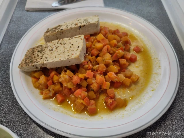 Ofen Kürbis-Möhren im Sesamsud (Se) mit Tofu (So), dazu Salat