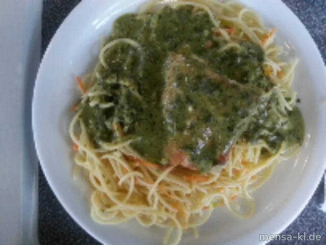 Lachsfilet (F) mit Spinatsoße (A), Gemüse-Spaghetti und Salat