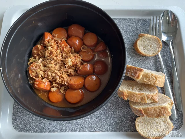 Rindswurst mit Currysoße C4PU und Röstzwiebeln (1,2,3,8,9,Gl,Sf,R,L), dazu Baguette (Gl) ⏰ Abendmensa von 16:00 bis 18:00 Uhr