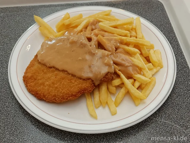 Paniertes Schweineschnitzel (Gl,Ei,S) mit Rahmsoße (Gl,La), Pommes frites und Salat (Sl,Sf)