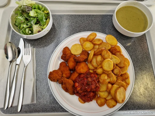 Hähnchencrossies (Gl,G) mit Salsa-Dip, Pommes-Chips, dazu Salat (Sf)
