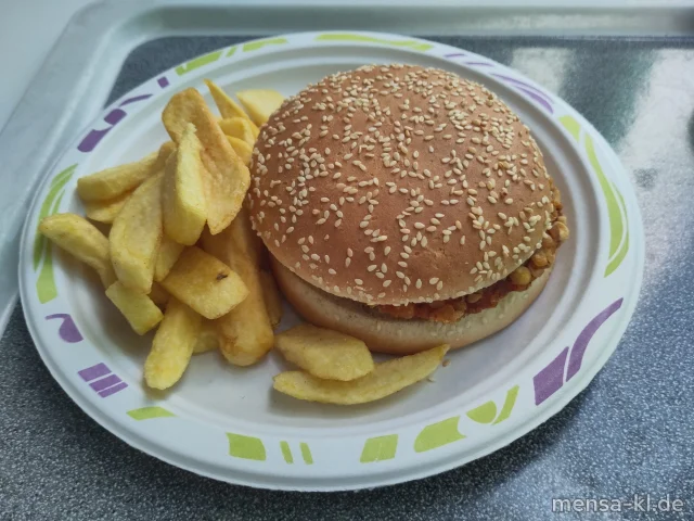 Crispy-Chicken-Burger (Gl,Sl,G) mit Tomaten-Pfirsich-Chutney (2,Sl) im Burgerbrötchen (Gl,Se), Steakhouse-Fries und Farmersalat (1,5,Sw,Sf)