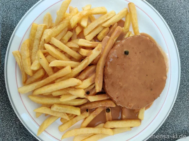 Blumenkohl-Käse-Medaillon (Gl,Ei,La,V) mit Pfefferrahmsoße (La,V), Pommes frites (V) und Salat (V)