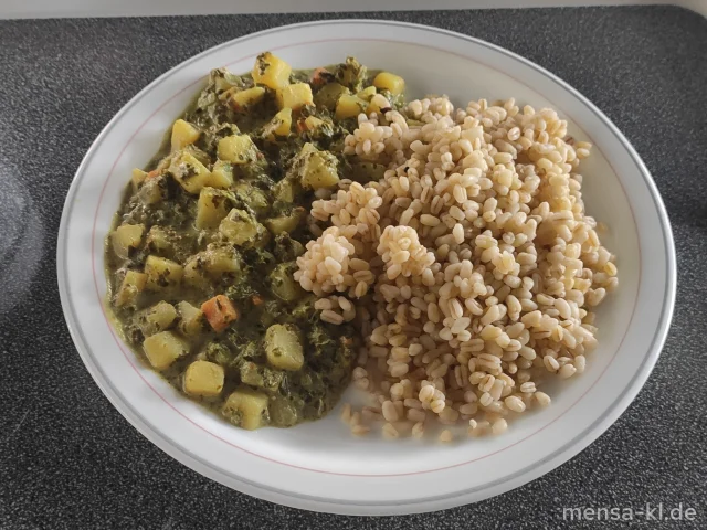 Kichererbsen-Kartoffel-Grünkohl-Curry (Sf), dazu Zartweizen (Gl) und ein Beilagensalat nach Wunsch