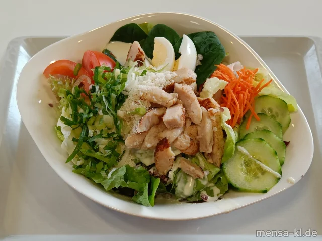 Bunter gemischter Salatteller mit Hähnchenbruststreifen, Tomaten, Salatgurke, Parmesan und Ei (3,Ei,La,G), dazu ein Knoblauch-Senf-Dressing (1,9,Gl,Ei,La,Sf)