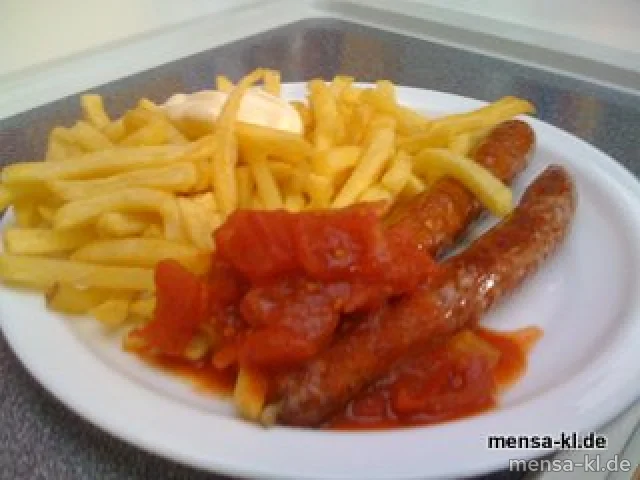 Zwei "Merguez": Französische Wurstspezialität (1/2/3/4) mit Rind und Lamm, Harrisa-Dip und Pommes-Frites