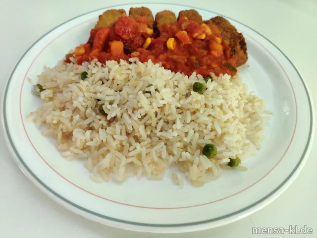 Gemüsekroketten (1,Gl,Sl,V,V+) mit Pusztasoße (9,Sl,V,V+), Erbsen-Reis (V,V+) und Salat (V,V+) | Vegan