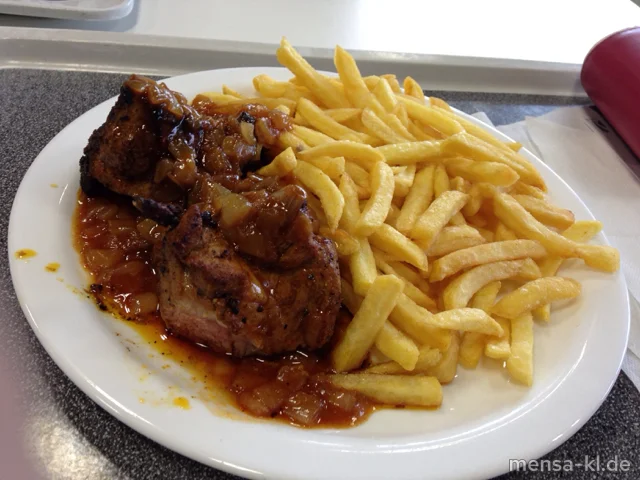 Winzerknorze (5,Sw,Sf,A,S) mit Schmorzwiebeln (Gl,Sf), Pommes frites