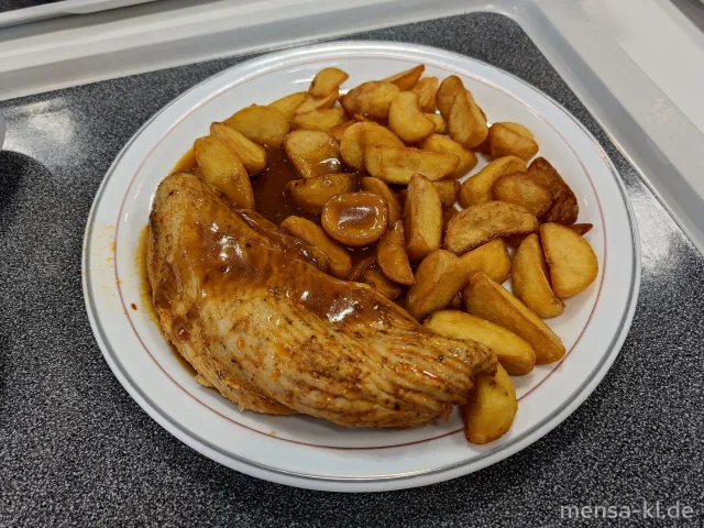 Truthahnsteak Down Under (G) mit Honig-Senf-Soße (Sf), Potato-Wedges und Salat