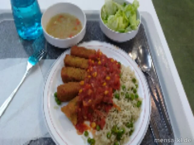 Gemüsekroketten (Gl,Sl,V,V+) mit Pusztasoße (9,Sl,V,V+), Erbsen-Reis (V,V+) und Salat (V,V+) | Vegan