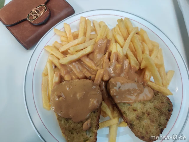 Broccoli-Nussecke (Gl,Nu,Ei) mit Rahmsoße (Gl,La), Pommes frites und Salat (Sl,Sf)