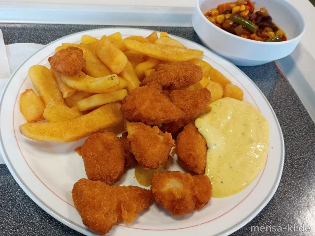 Hähnchencrossies (Gl,G) mit Curry-Dip (Gl,Nu,Sf) und Pommes frites, dazu mexikanische Gemüsepfanne (1)