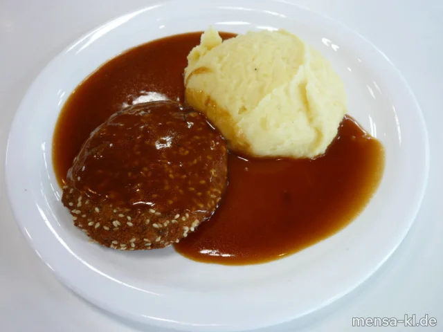 Pilzbratling (Gl,Ei,La,Sl,Se,V) mit Bratensoße (Gl,Sf,V), Grumbeer-Stampes (5,La,Sw,V) und Salat (V)