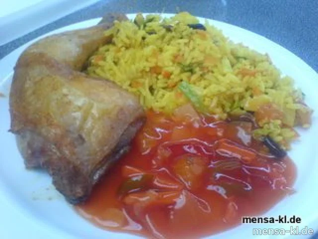 Gebratene Hähnchenkeule mit süß-sauerem Dip (9), chinesischem Gemüsereis und Salat