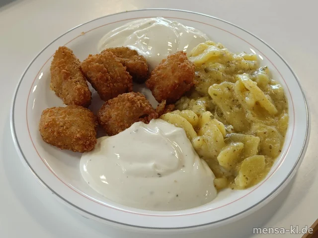 Fisch-Nuggets im Backteig (8,Fi,Gl,La,Sf) mit Limetten-Dip (1,9,Gl,Nu,Sf), hausgemachtem Kartoffelsalat (5,9,Gl,Sw,Sf) und Gurkensalat (1,5,Sw,Sf)