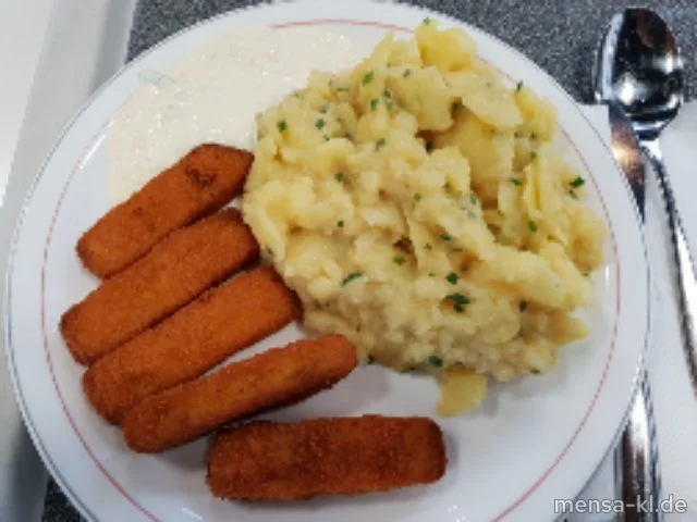 Fischstäbchen (Fi,Gl) mit Remouladen-Dip (9,Gl,Ei,La,Sf,So), Kartoffelsalat (1,5,La,Sw,Sf) und Salat