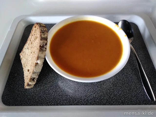Karotten-Ingwer-Suppe (2,Gl,Sl), dazu eine Scheibe Bauernbrot (Gl)