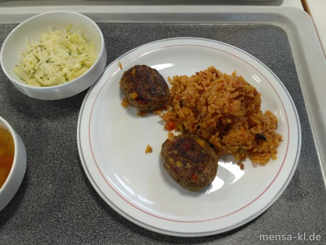 Griechische Reispfanne (3,6,Gl) Hacksteak "Croatia" (Gl,Ei,La,R,S,Gt) und Krautsalat (1,5,9,Gl,Ei,Sw,Sf)