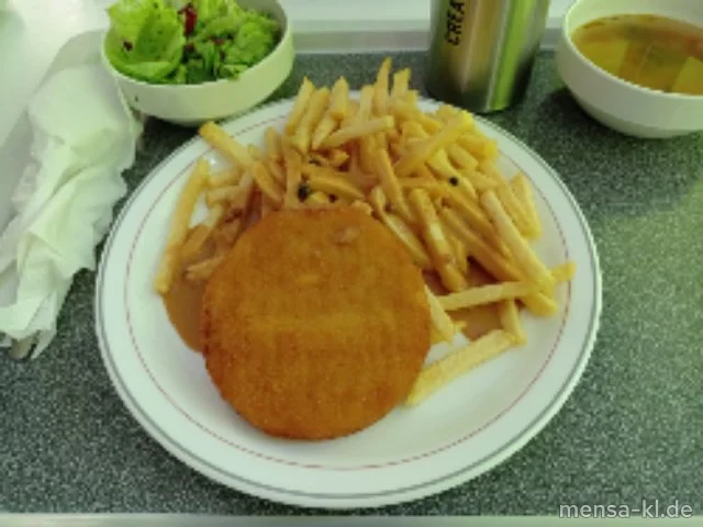 Blumenkohlkäse-Medaillon (Gl,Ei,La) mit Pfefferrahmsoße (1,Gl,La,Sf), Pommes frites (Gl,G) und Salat