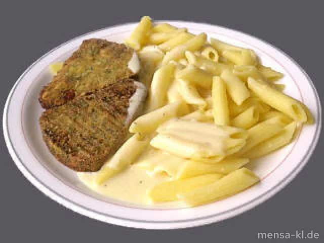 Broccoli-Nussecke (2,V) mit Frischkäse-Kräutersoße (V,A), Penne Rigate (V) und Salat (V)