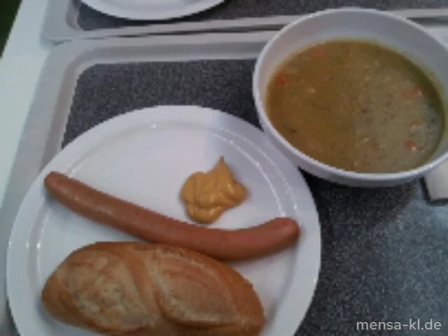 Erbseneintopf (Lfrei) mit einem Wiener Würstchen (2,3,R,S,Lfrei) und Baguettebrötchen (Lfrei)