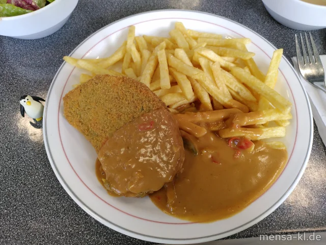 Gemüse-Krustie (Gl,Sl) mit Paprika-Zwiebel-Soße (Gl), Pommes frites und Salat