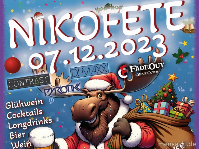 Nikofete am 7.12.2023, ab 21 Uhr, Foyer 46. Kartenvorverkauf am 4.12 und 5.12. Eintritt 15€, inkl. 10€ Freiverzehr. Zwei Stages mit DJs und Livebands. <a href="https://fachschaft.physik.rptu.de/fete-nikofete.html">Details bei FS Physik</a>.