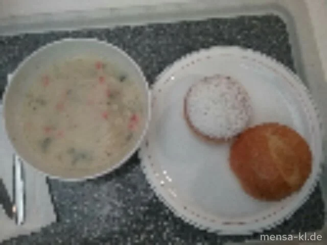 Pfälzer Grumbeersuppe (5,La,Sw,Sl,V) mit einem gefülltem Fasnachtskiechl (Gl,Ei,La,V) und einem Bio-Weizenbrötchen (Gl,So,V)