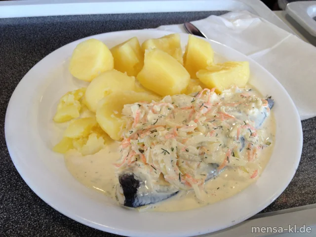 Traditionell zum Aschermittwoch: Bismarckhering "Hausfrauen Art" mit Apfel-Sahnesoße, Dampfkartoffeln und Salat