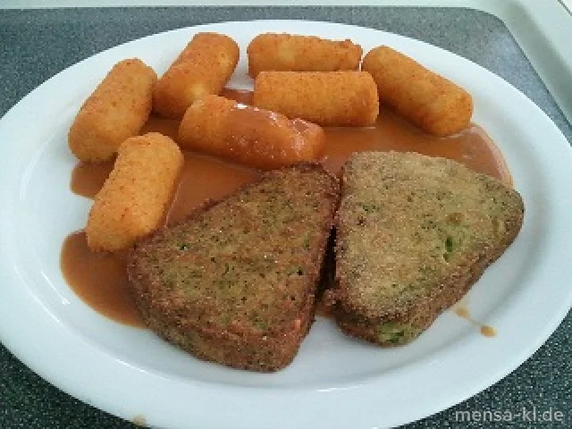 Broccoli-Nuss-Ecke (2) mit Rahmsoße, Kroketten (1) und Salat