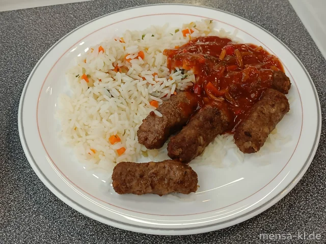 Cevapcici (Ei,So,R) mit Pusztasoße (9,Sl), bunter Reis und Salat