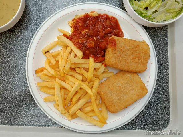 Gebackener griechischer Hirtenkäse (Gl,La) mit Pusztasoße (9,Sl), Pommes frites und Salat