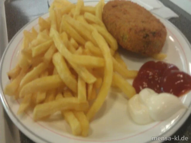 Gemüsespieß (V) mit Pommes-Frites (V) und Salat (V)
