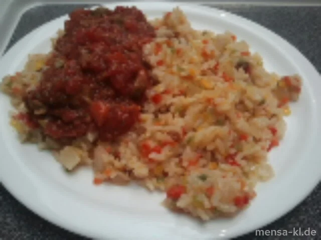 Große Portion Portugiesischer Reis (V) mit Tomaten-Oliven-Dip (V) und Salat (V)