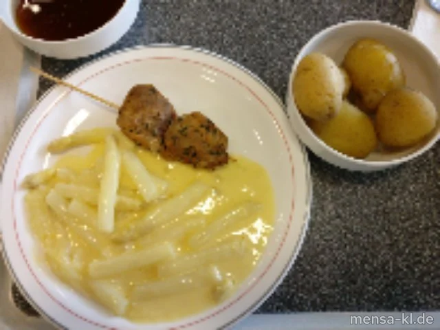 Pfälzer Spargelgemüse mit Sauce Hollandaise (1,5,Gl,Ei,La,Sw), Schweinelendespieß (Sl,Sf,S) und neue Pfälzer Kartoffeln