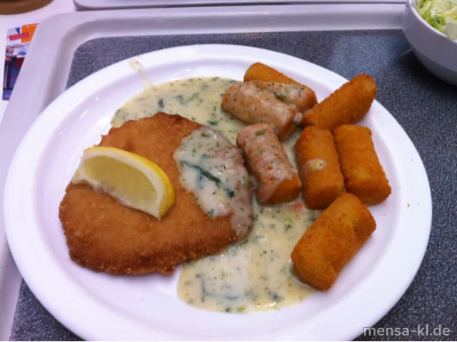 Paniertes Schweineschnitzel (S) mit Bärlauchsoße, Kroketten (1) und Salat