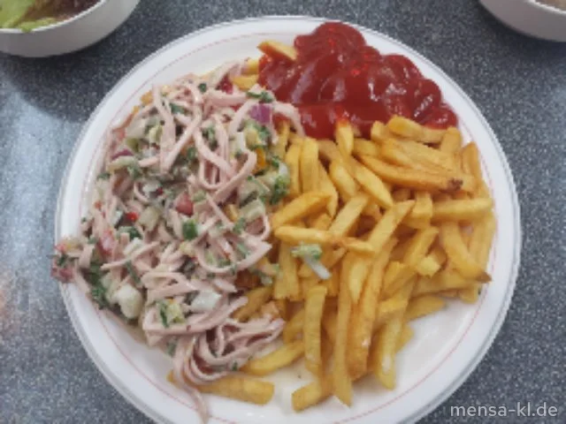 Bunter Wurstsalat in Senfdressing (1,2,3,5,8,9,Gl,Ei,Sw,Sf,So,R,S), Pommes frites und Salat