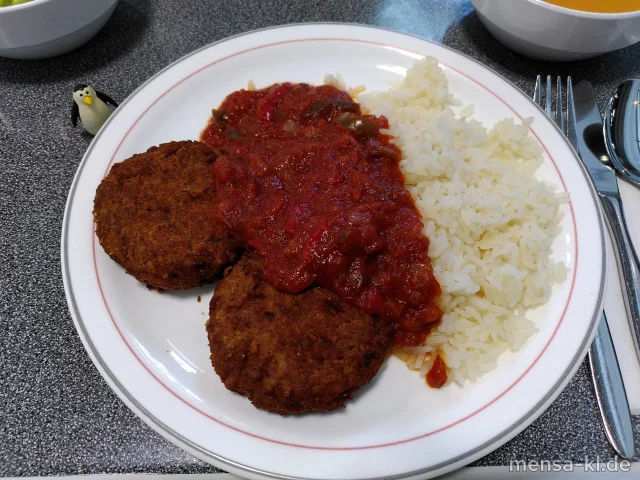 Knusperfrikadelle (Gl) mit Paprika-Tomatensoße, Reis und Salat