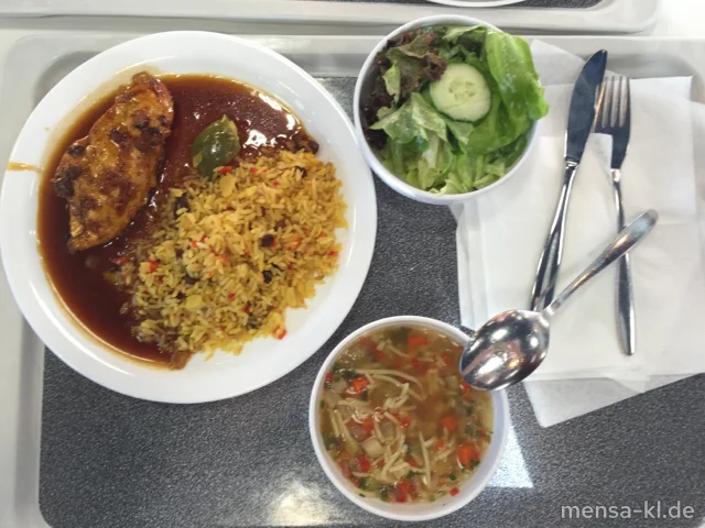 Hähnchenbrustfilet (Sl,G) "Raz el Hanout" (Gl,Sl,G) mit orientalischem Reis (Nu,Sl) und Salat