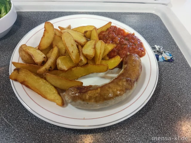 Chili Cheese Bratwurst (8,La,S,K) mit Salsa-Dip, Potato-Wedges und einen Beilagensalat nach Wahl