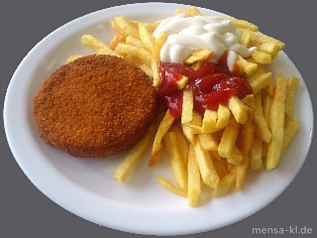 Blumenkohl-Käse-Medaillon (V) mit Pommes frites (V) und Salat (V)