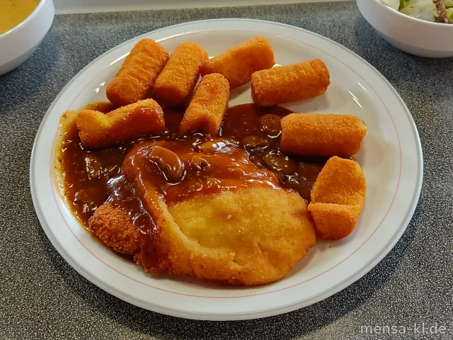Paniertes Hähnchenbrustfilet (Gl,G) "Jäger Art" (Gl) mit Kroketten (Gl) und Salat