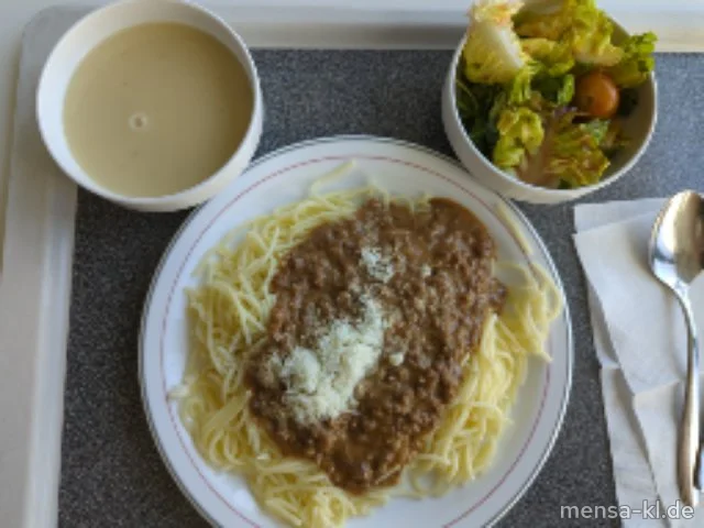 Sahnehaschee (3,5,Gl,Ei,La,Sw,A,R,S,G) mit Fusilli tricolore (1,Gl), geriebenem Hartkäse (La), dazu Salat